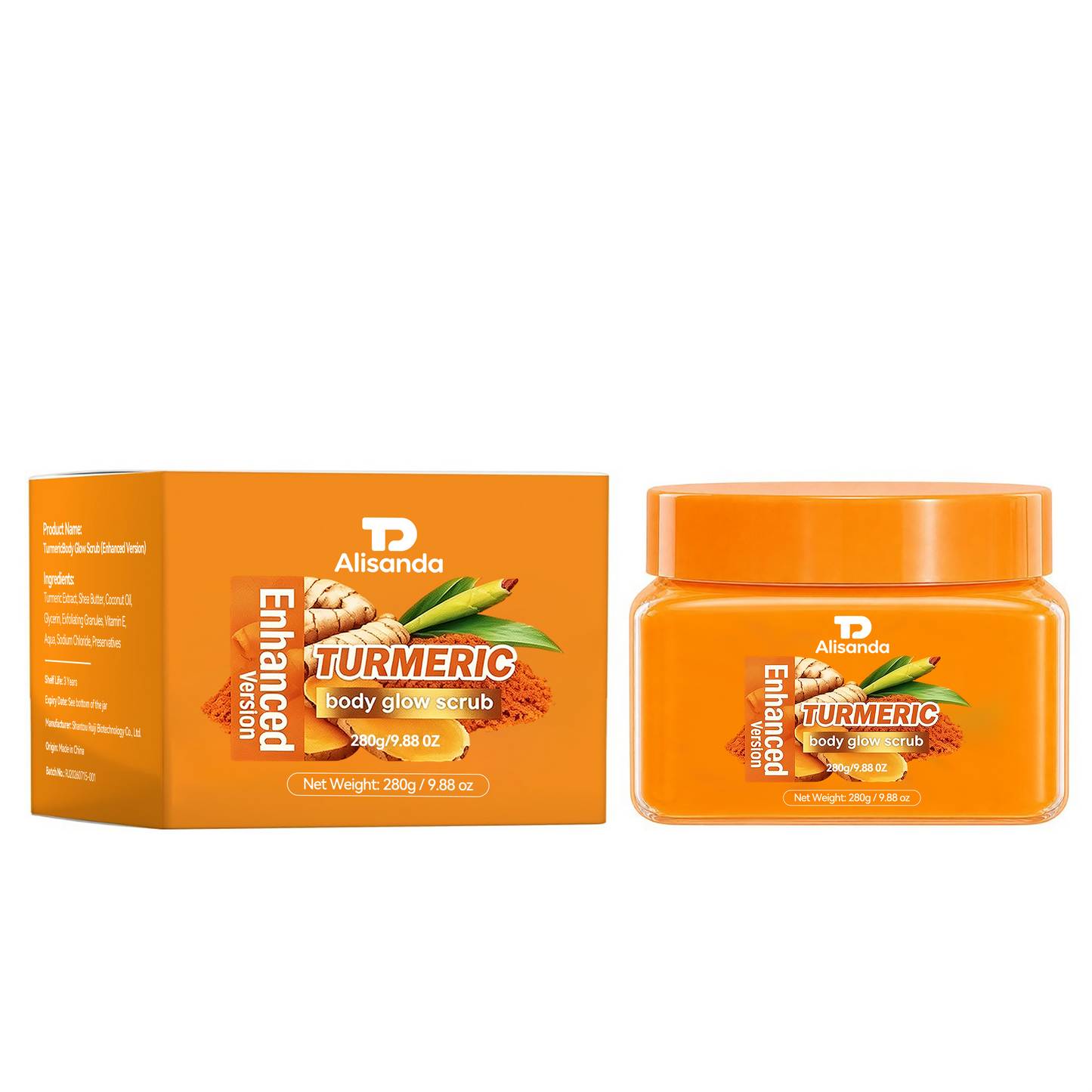 Turmeric Body Scrub 2-Pack, Gentle Exfoliating & Brightening for Dark Spots & Rough Skin, Hydrating Glow Formula, 2×280g